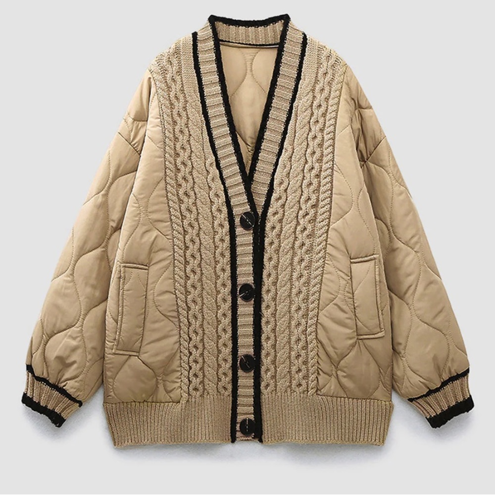 Commense Beige Quilted Cable-Knit Cardigan with Black Trim